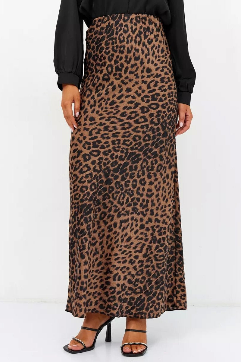 Satin Leopard Print Maxi Skirt