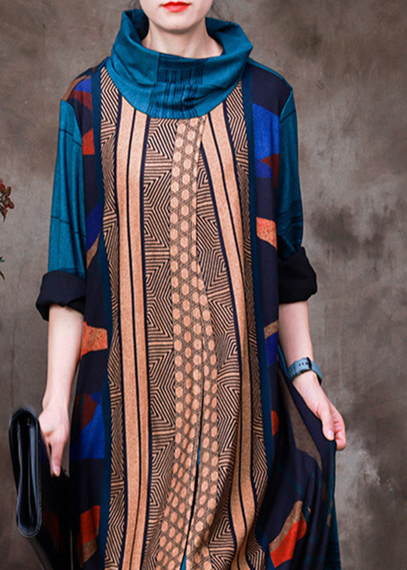 Geometric Patchwork Cowl Neck Long Sleeve Asymmetric Hem Oversized Maxi Dress
