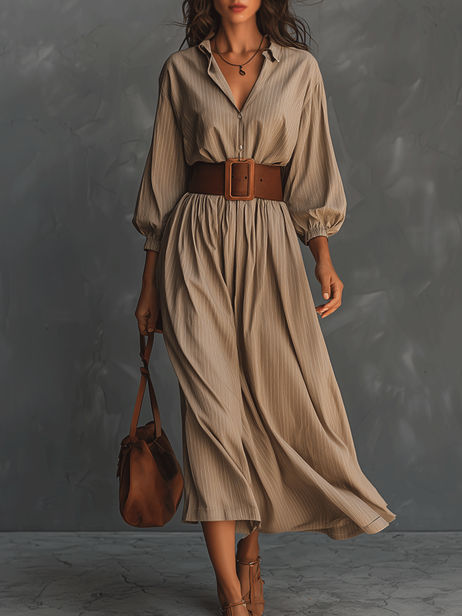 Casual Beige Shirt V-Neck Midi Dress (With Belt)