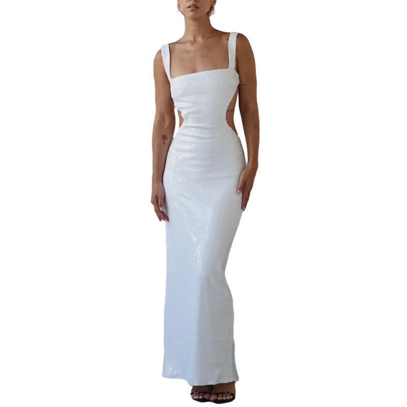 Sequin Square Neck Cut Out Backless Mermaid Maxi Dress