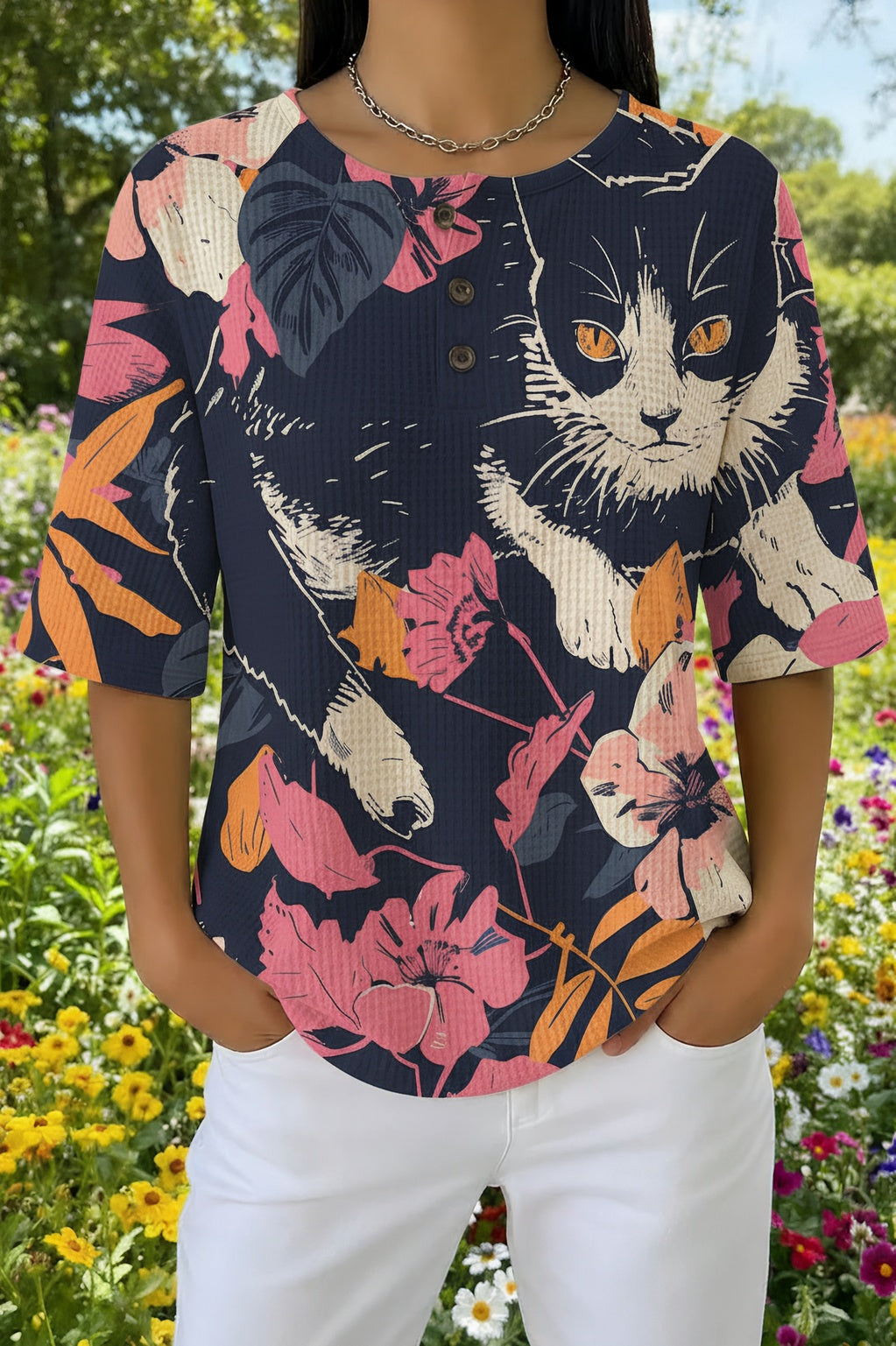 Womens Dark Blue Tropical Floral Cat Print Casual Shirt