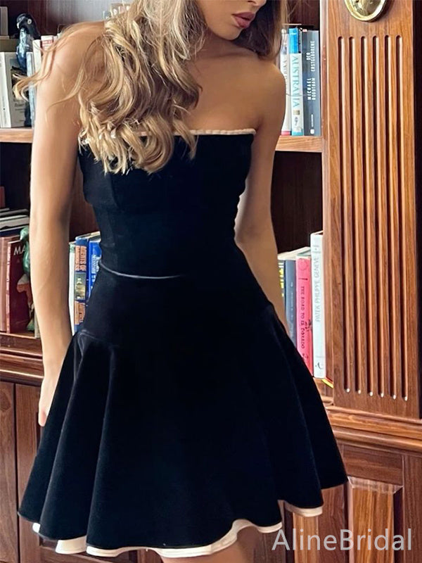 Velvet-Look Strapless Pearl Trim Drop Waist Homecoming Mini Dress 2