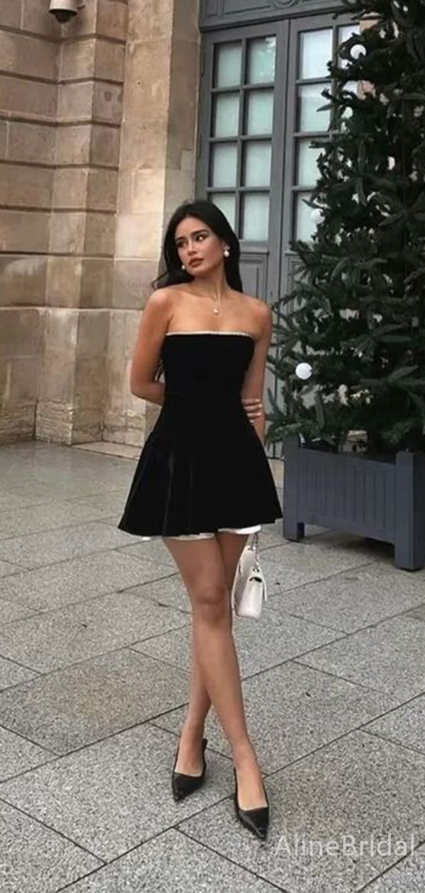 Velvet-Look Strapless Pearl Trim Drop Waist Homecoming Mini Dress 4