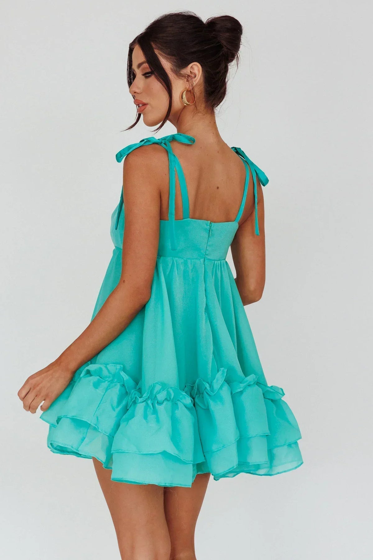 Square Neck Tie Shoulder Babydoll Layered Ruffle Hem Mini Dress 2