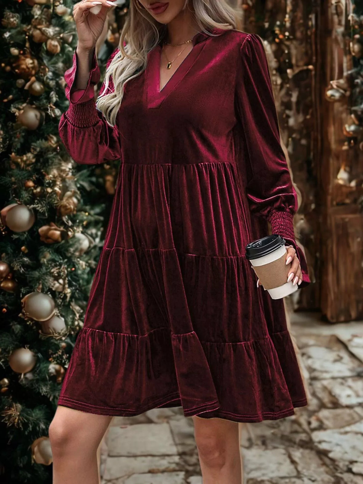 Velvet Notched Neck Long Sleeve Smocked Cuff Tiered Mini Dress 7