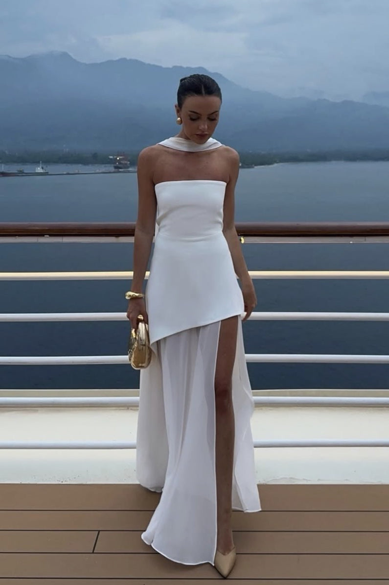 Strapless Scarf Neck High Split Bodycon Maxi Dress