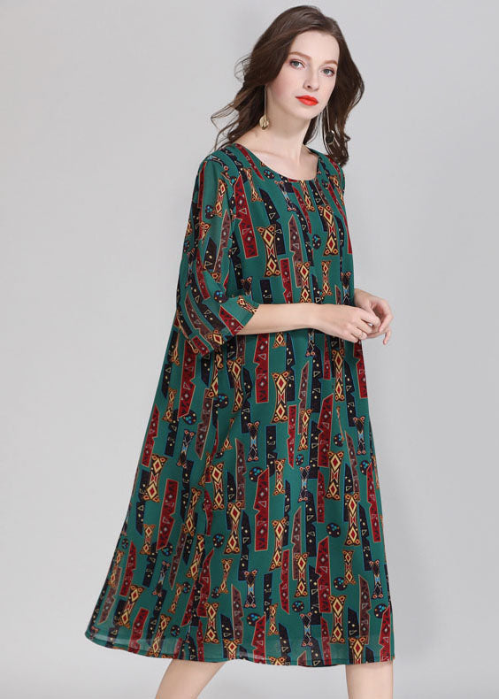 Geometric Tribal Print Round Neck Three Quarter Sleeve A-Line Shift Midi Dress