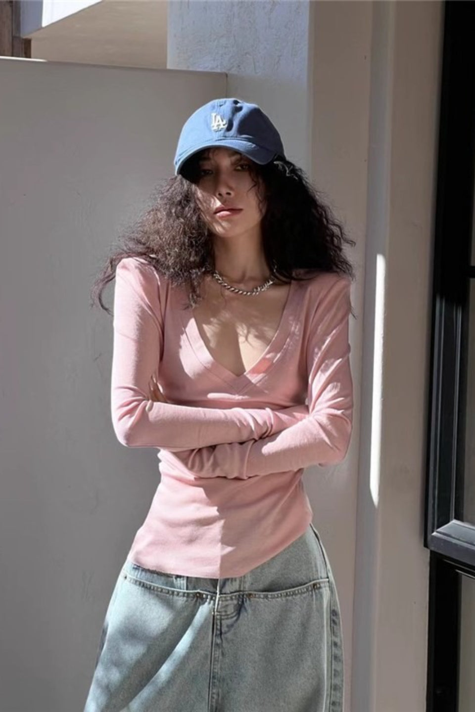 Slim Fit Low Cut Long V Neck Ribbed Long Sleeve Top