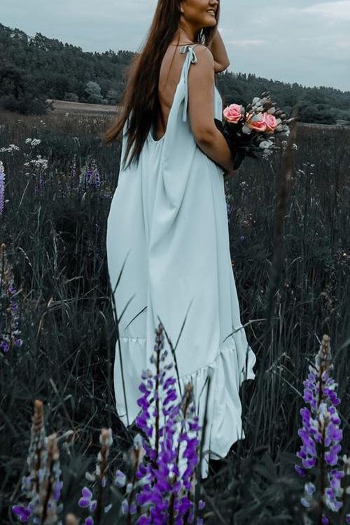 Spaghetti Strap V-Neck Tiered Ruffle Hem Maxi Dress
