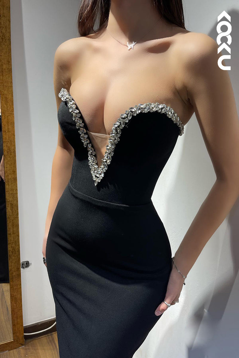 L2878 - Couture & Ornate Sheath/Column Off-Shoulder Deep-V-neck Sleeveless Evening Party Prom Dress