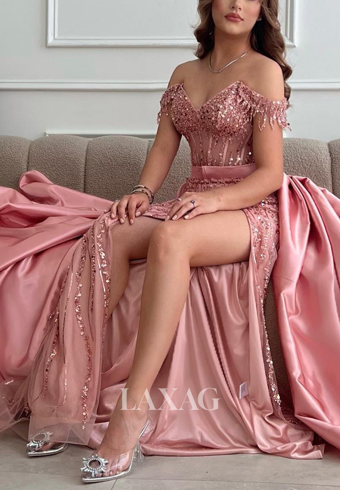 22094 - Off Shoulder Beaded illusion Detachable High Split Prom Dress