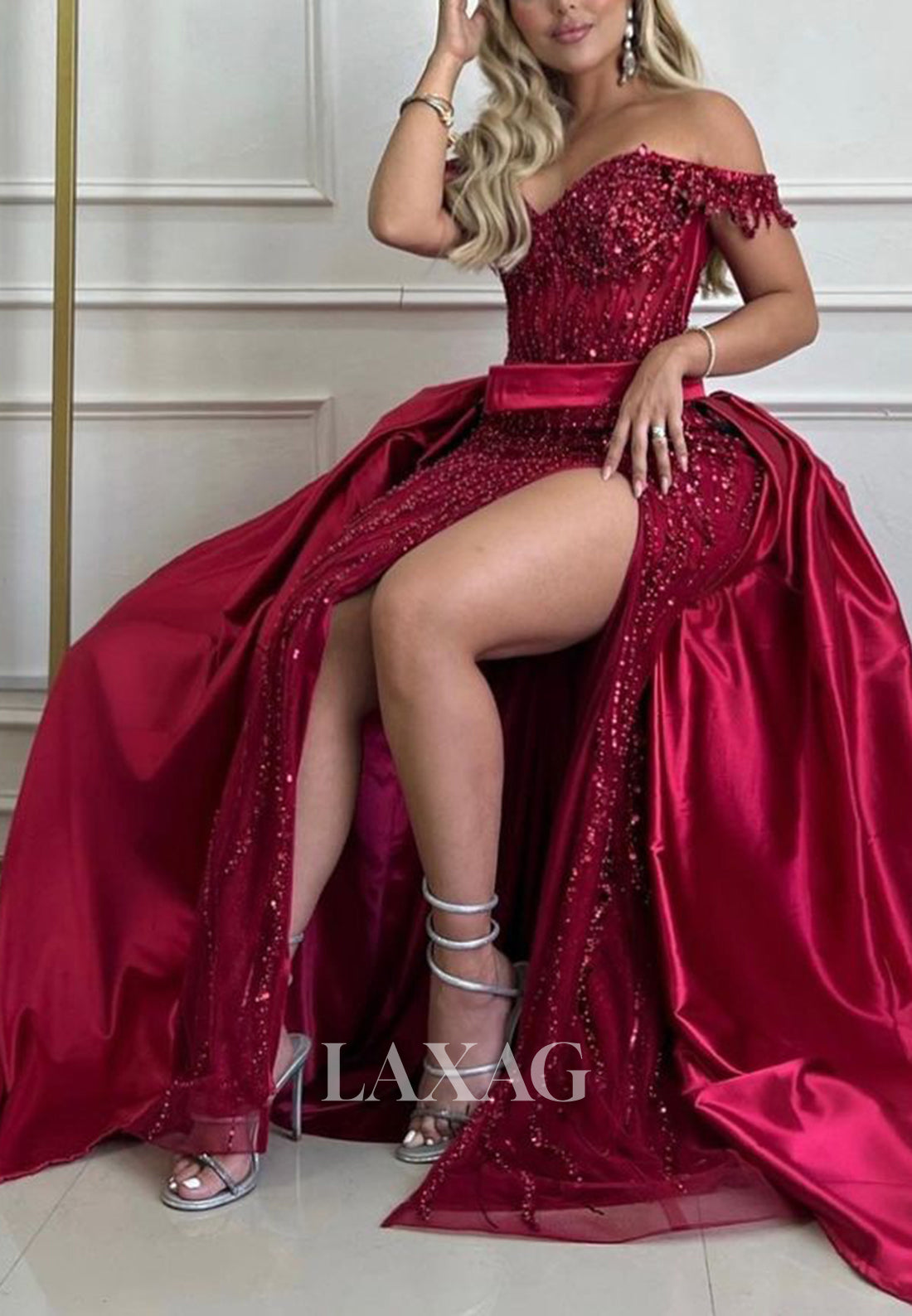 22094 - Off Shoulder Beaded illusion Detachable High Split Prom Dress