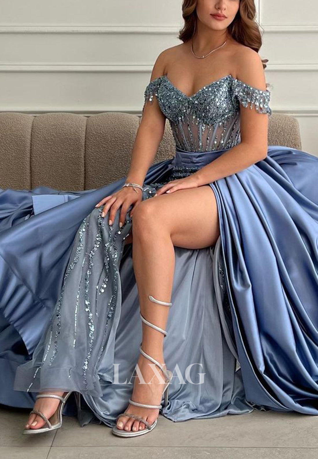 22094 - Off Shoulder Beaded illusion Detachable High Split Prom Dress