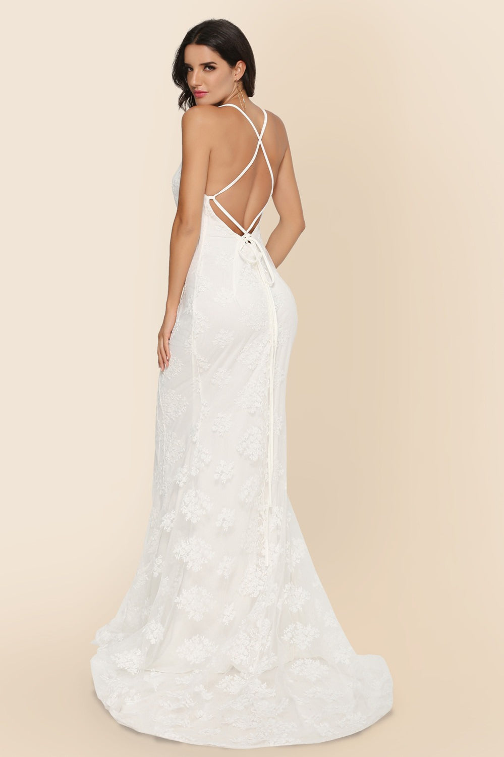 Lace V-Neck Spaghetti Strap Backless Mermaid Gown