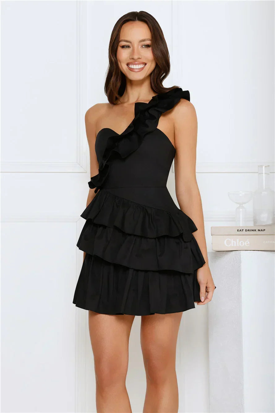 One Shoulder Ruffle Trim Sweetheart Tiered Ruffle Mini Dress 24