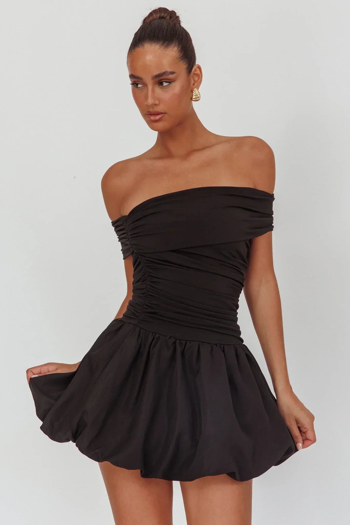 Off Shoulder Ruched Bodice Drop Waist Bubble Hem Mini Dress