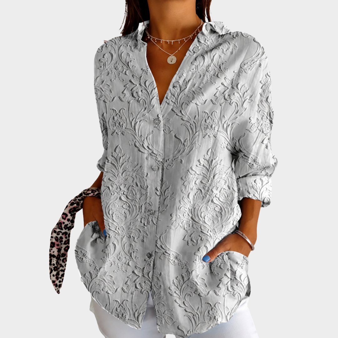 Textured Floral V-Neck Long Sleeve Button Blouse