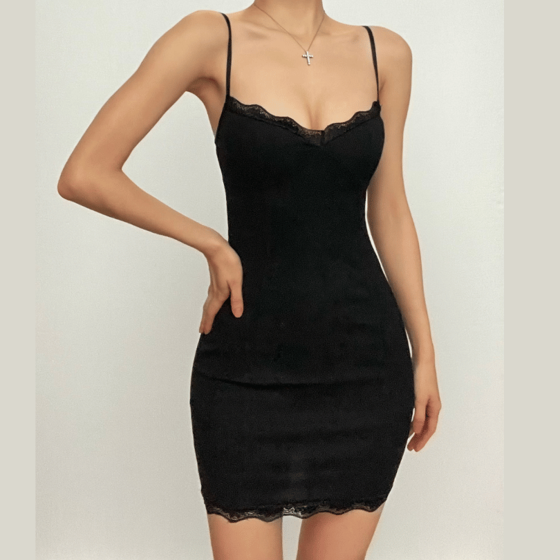Lace Trim V-Neck Spaghetti Strap Bodycon Cami Mini Dress
