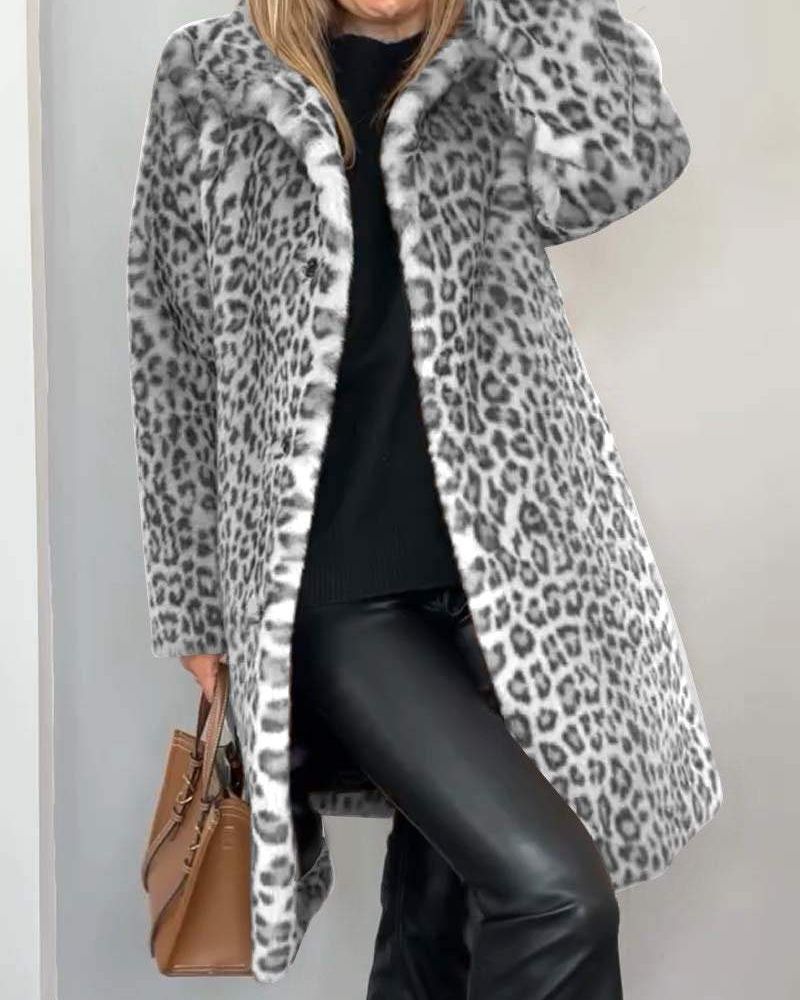 Leopard Print Faux Fur Lapel Collar Longline Coat