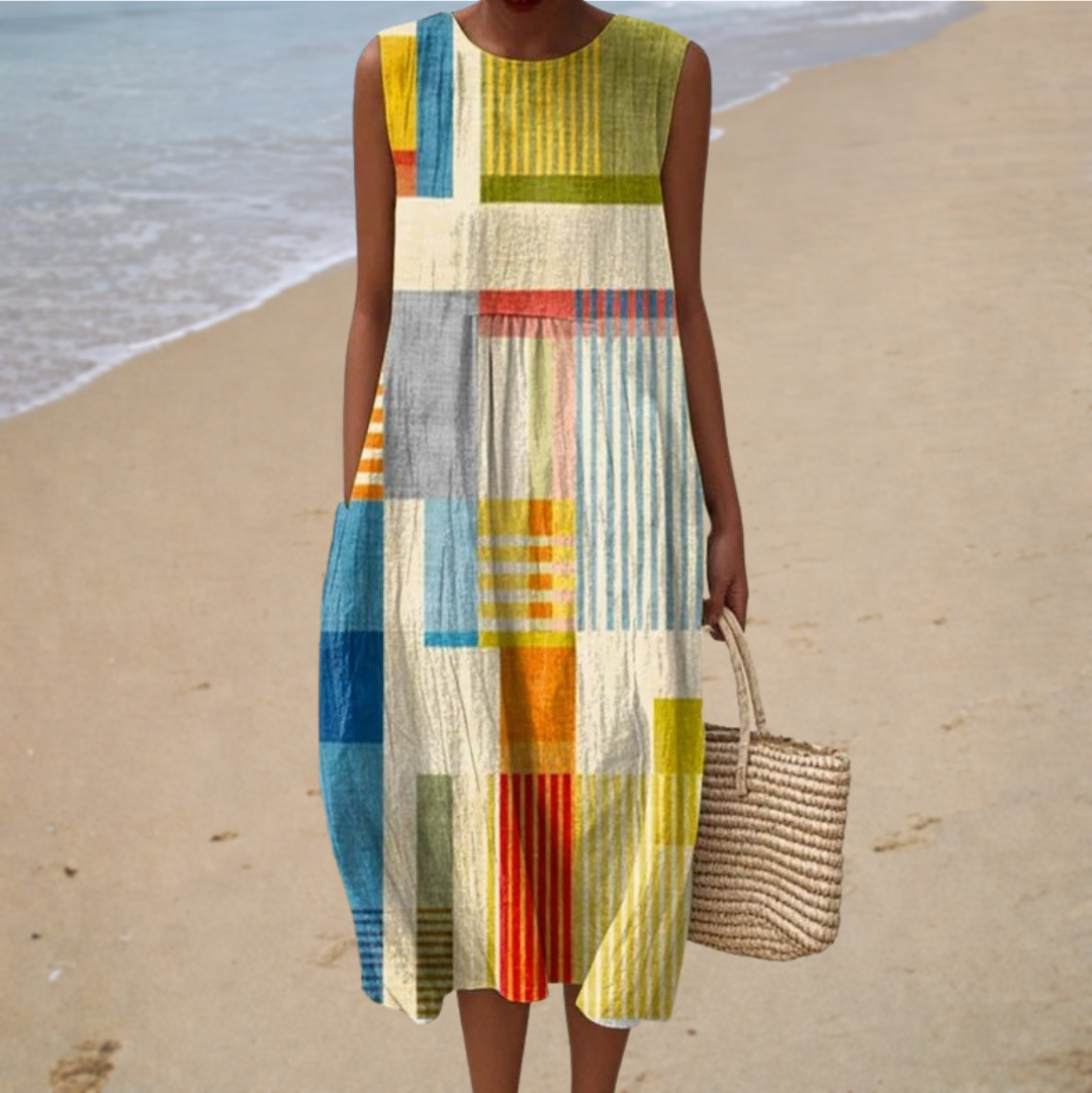 Geometric Patchwork Print Sleeveless Pocket Midi Dress