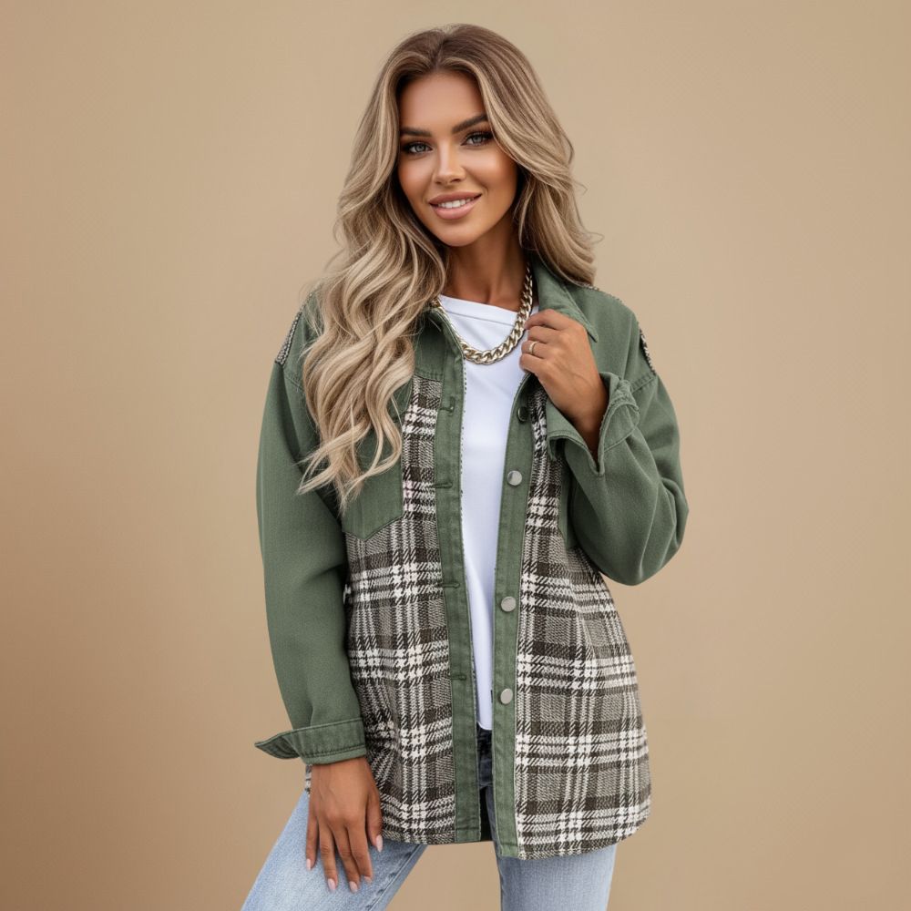 Denim Jacket with Plaid Patchwork and Button Closure