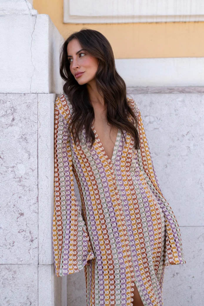 Crochet Deep V-Neck Long Sleeve Striped Boho Maxi Dress