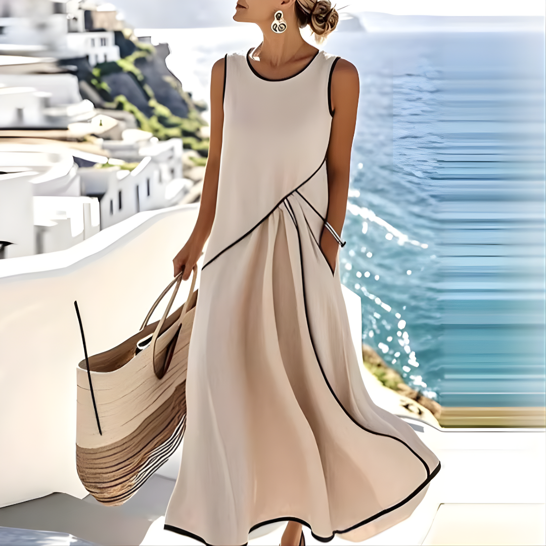 Contrast Piping Round Neck Sleeveless A-Line Midi Dress