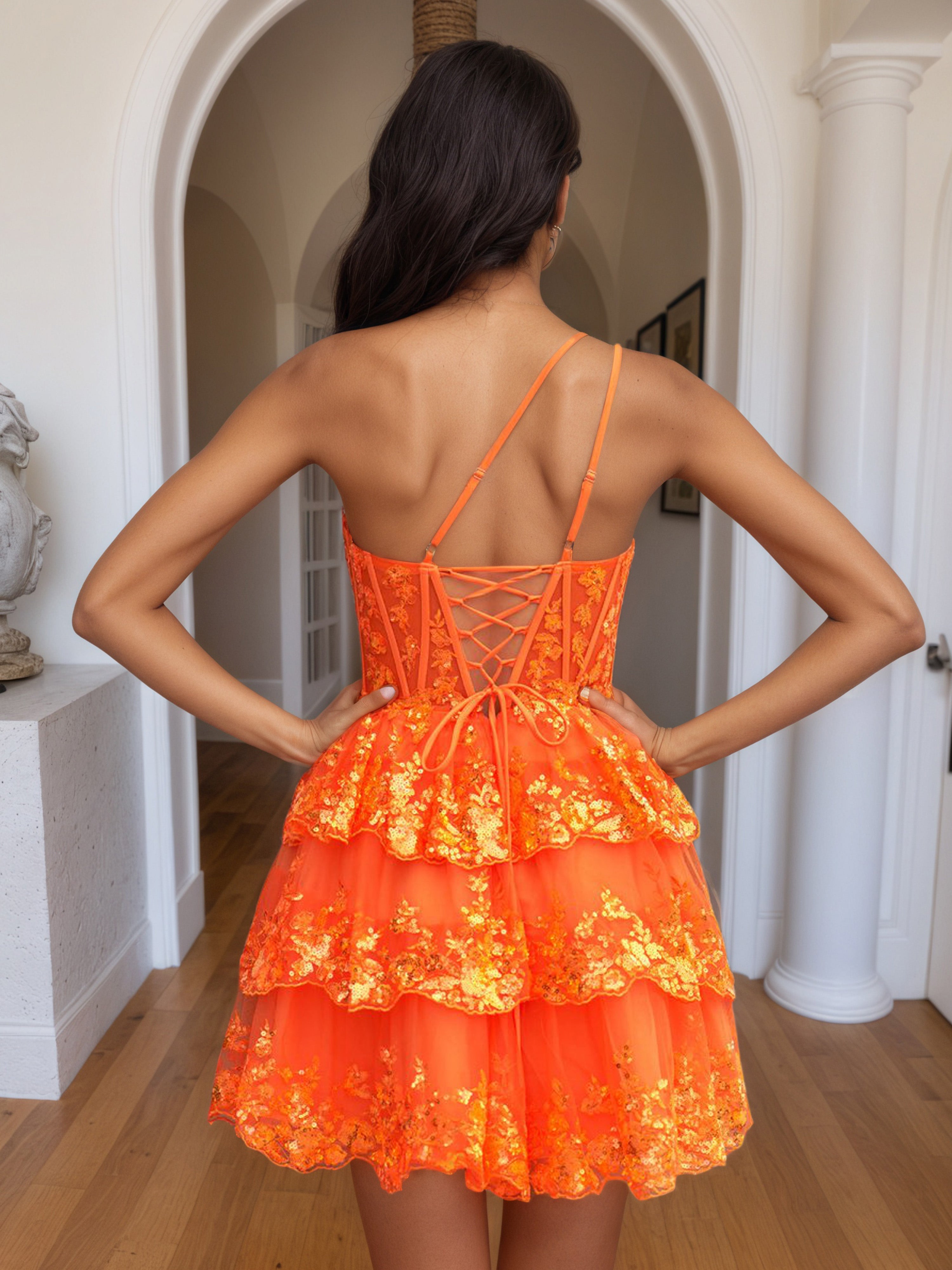 One Shoulder Orange Tiered Lace A Line Homecoming Dress