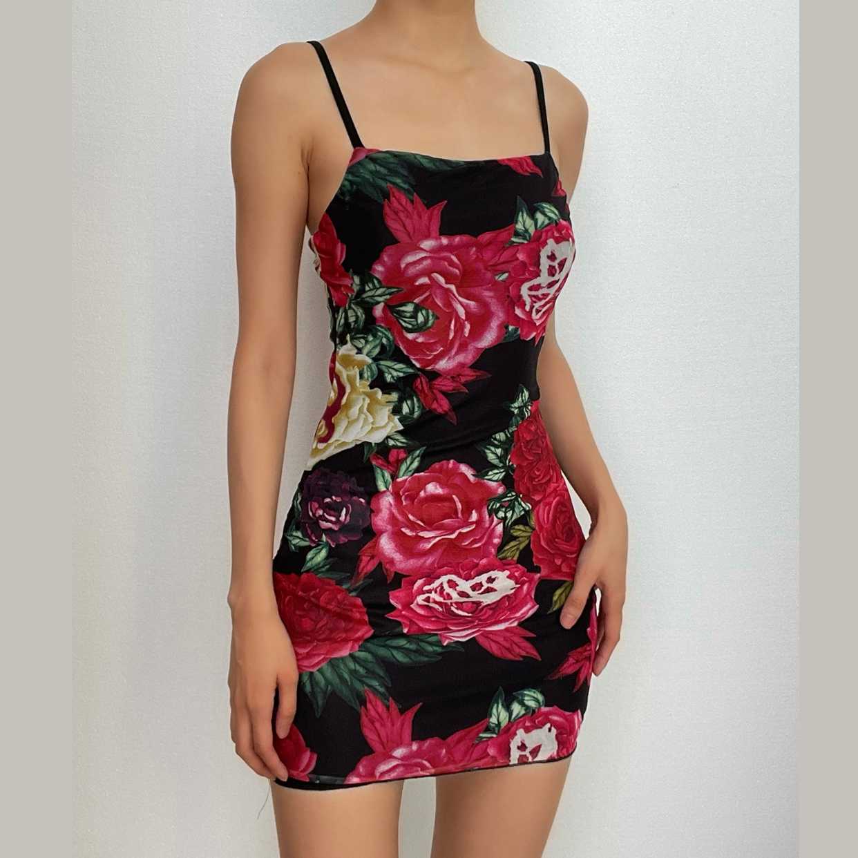 Rose Floral Print Square Neck Spaghetti Strap Bodycon Mini Dress