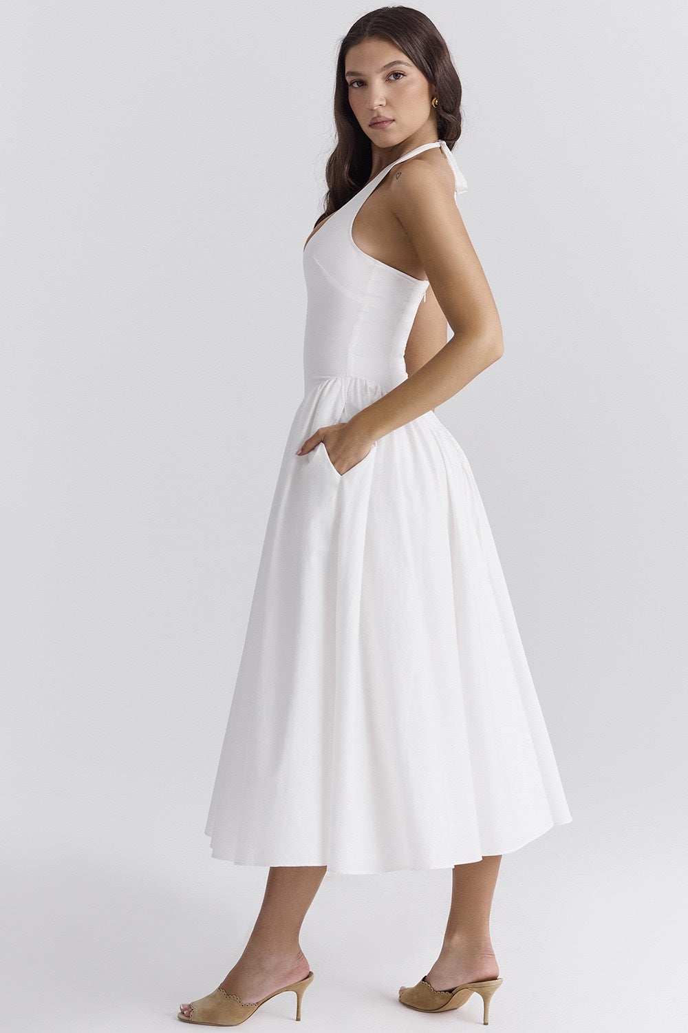 Olga Exclusive White Cotton Halterneck Midi Summer Dress Premium Wardrobe Essential