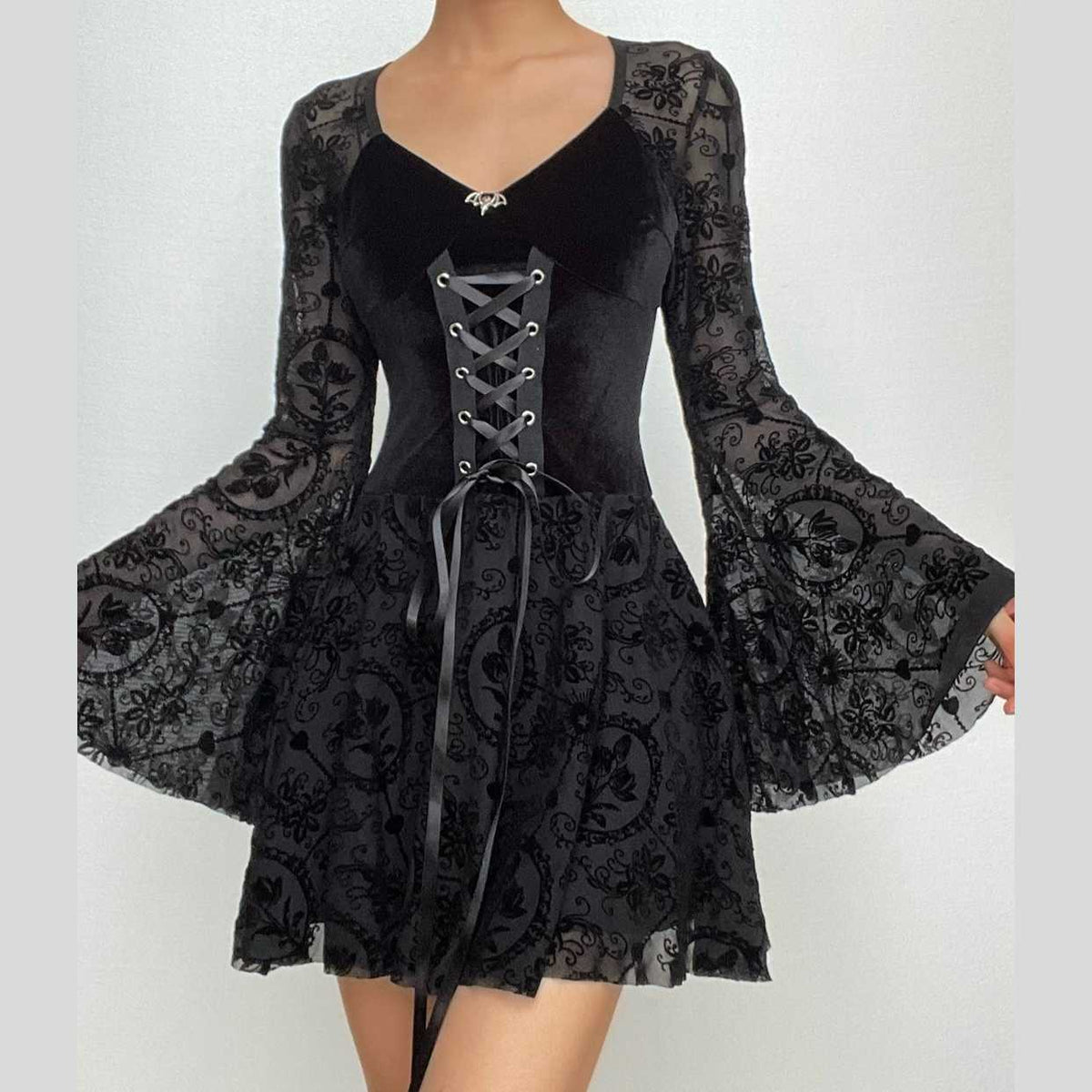 Velvet Lace Up Corset Flocked Mesh Bell Sleeve Gothic Mini Dress