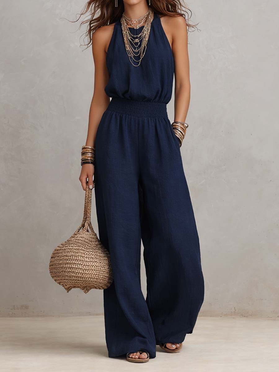 Halter Neck Smocked Waist Wide Leg Jumpsuit