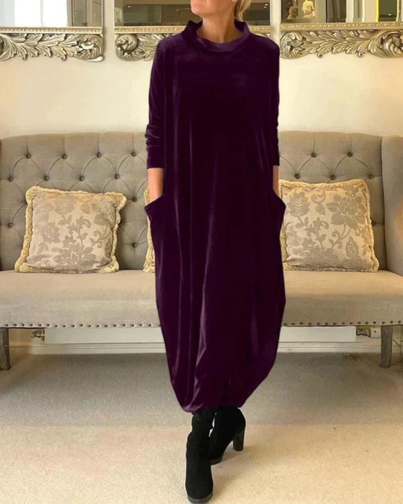 Velvet Cowl Neck Long Sleeve Pocket Oversized Maxi Dress