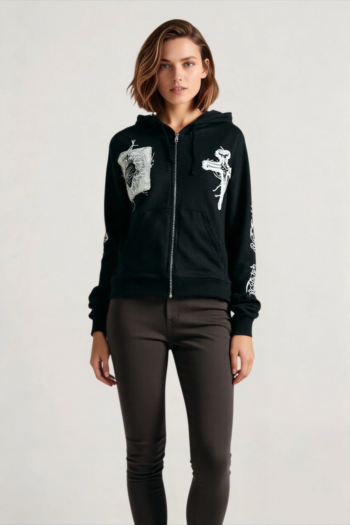 Cross Graphic Print Zip Front Kangaroo Pocket Hooded Sweatshirt