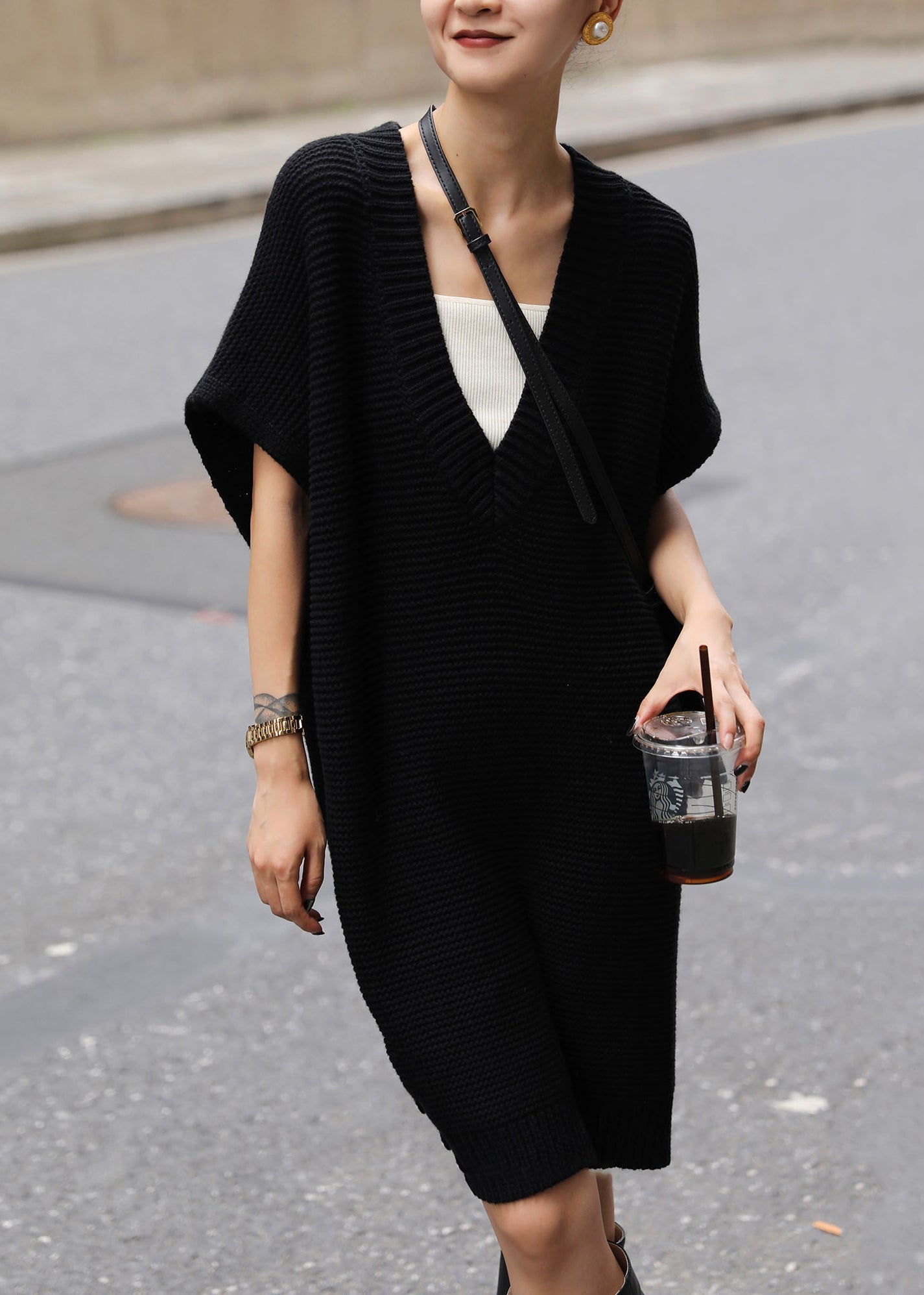 Oversized Knit Deep V-Neck Sleeveless Side Slit Mini Dress