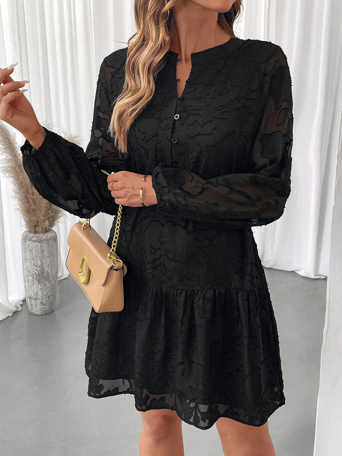 Textured Chiffon Button Front Balloon Sleeve Belted Tiered Mini Dress 2