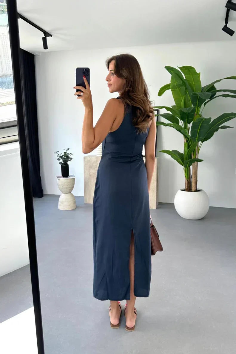 Boat Neck Sleeveless Gathered Waist Linen Look Midi Dress