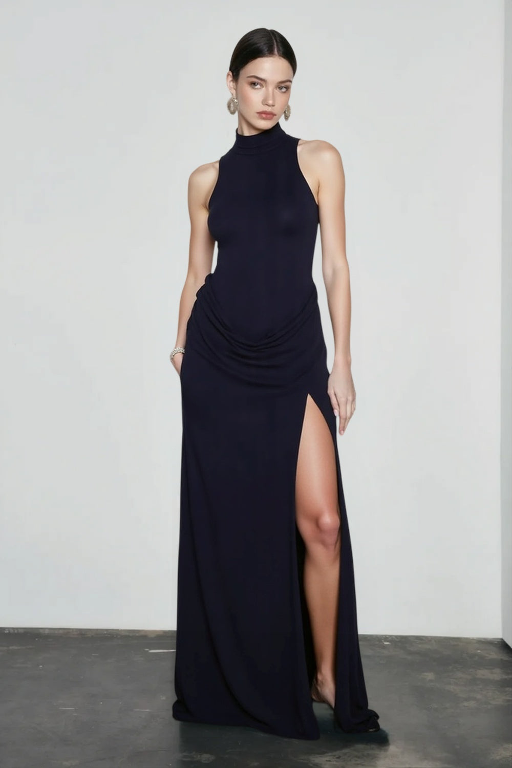 Halter-Neck Ruched Maxi Dress