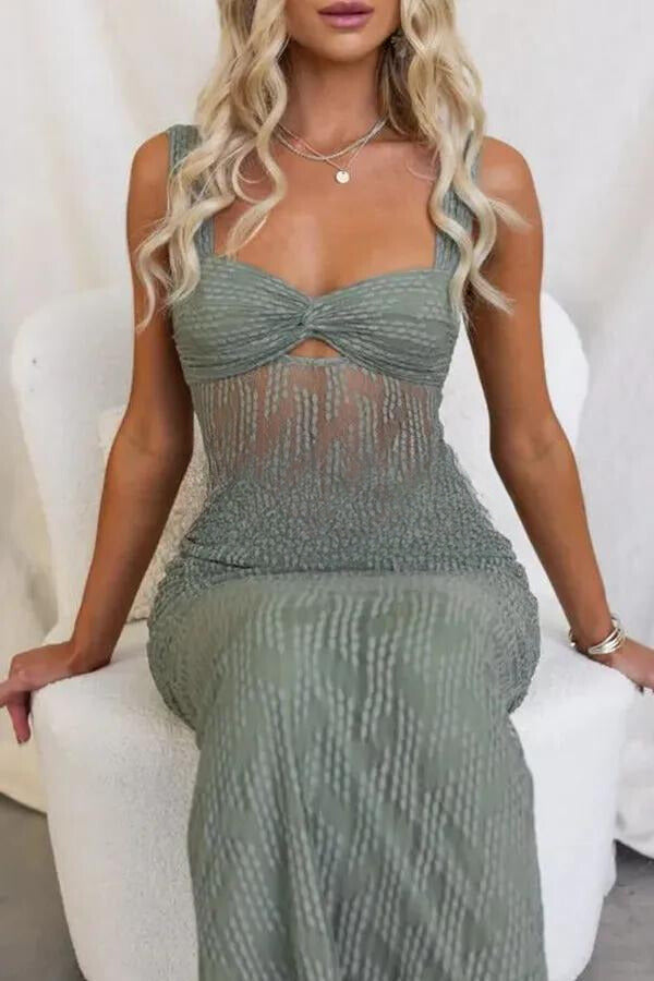 Sweetheart Twist Front Sheer Midriff Ruched Mesh Bodycon Maxi Dress