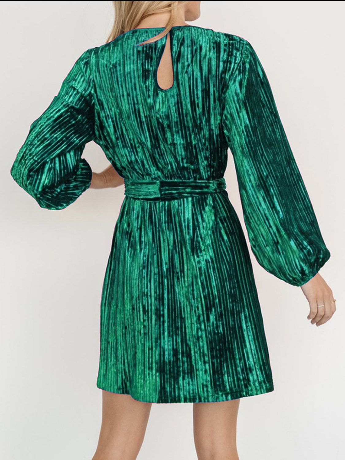 Crushed Velvet Round Neck Long Sleeve Tie Waist Mini Dress 7