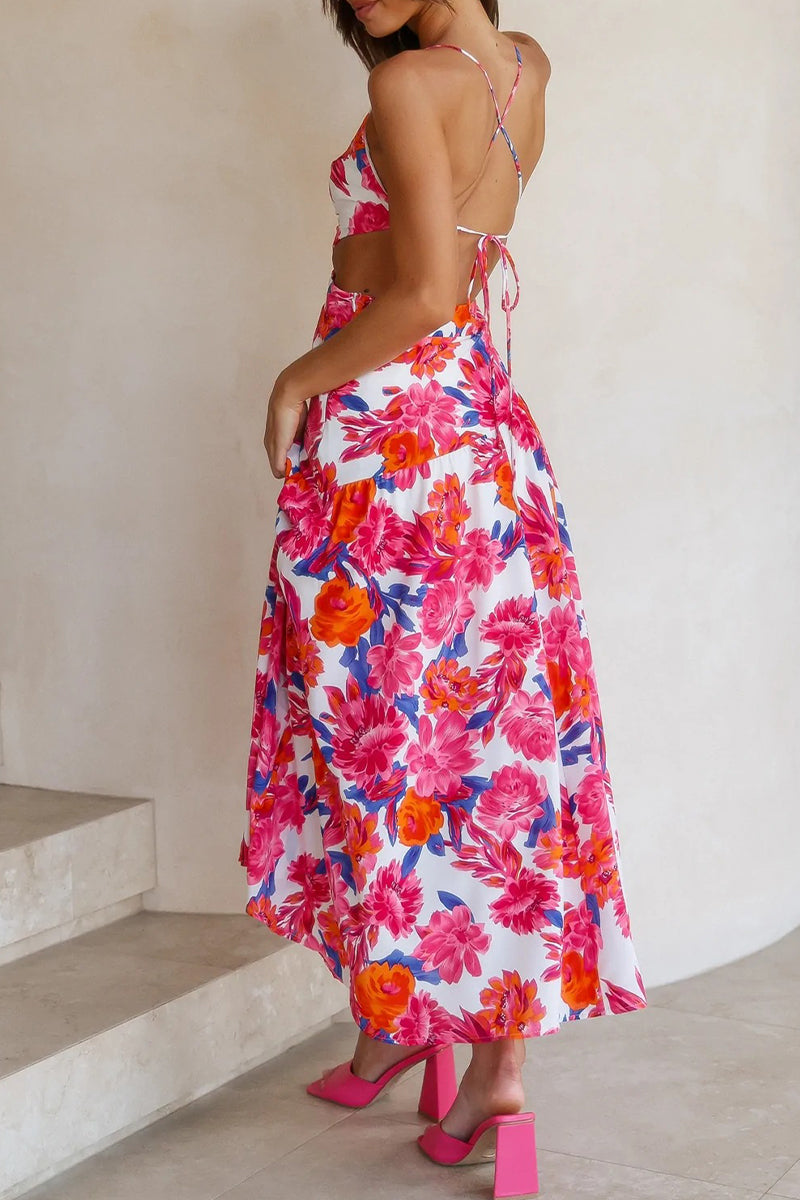 Floral Print One Shoulder Spaghetti Strap Side Cut Out A-Line Midi Dress