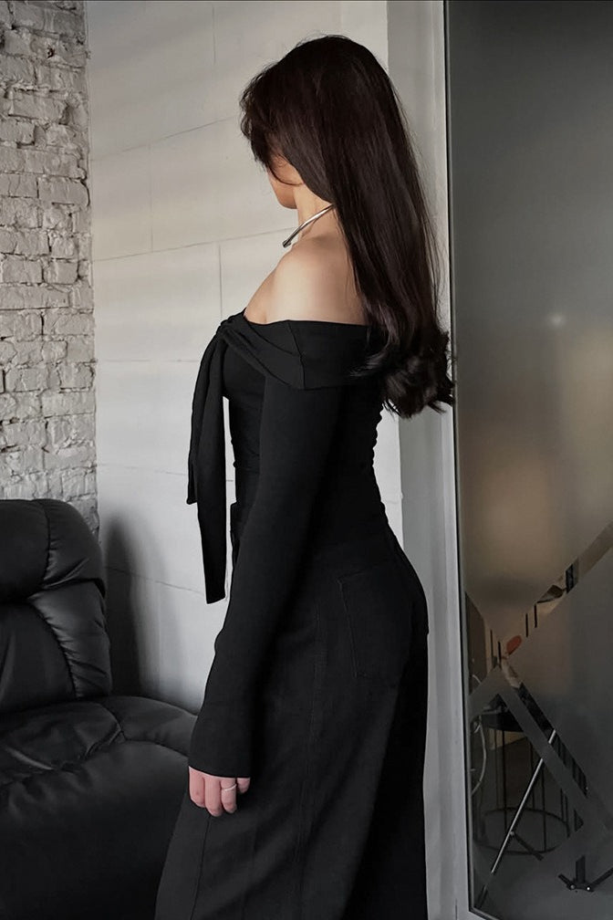 Off Shoulder Asymmetric Ribbed Long Sleeve Top