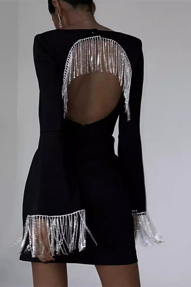 Rhinestone Fringe Bell Sleeve Square Neck Bodycon Mini Cocktail Dress