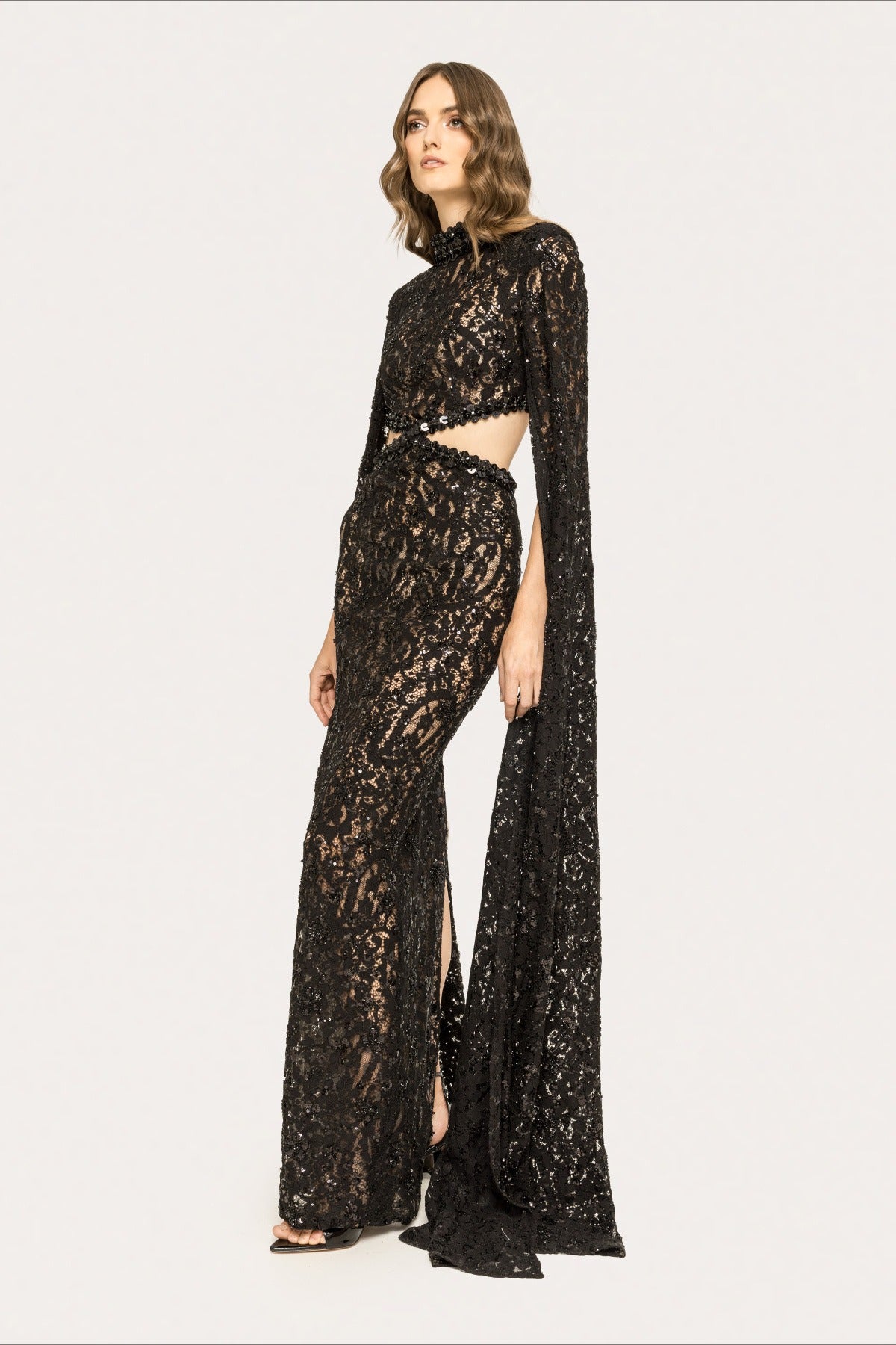 Lace Beaded Sequin Slim Cape Reception Dress