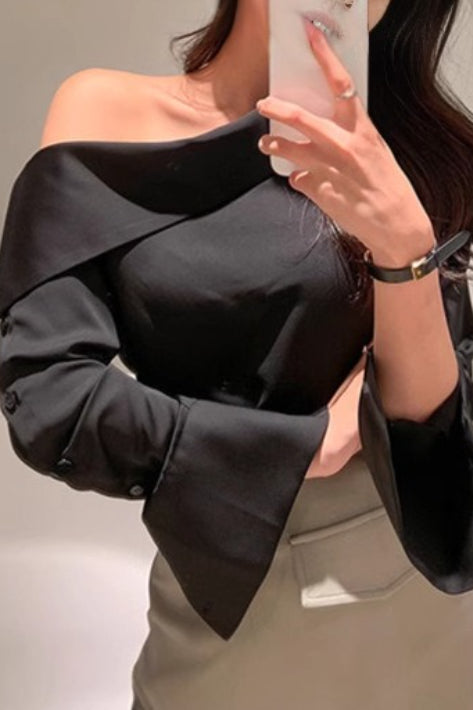 Off Shoulder Button Front Long Sleeve Top
