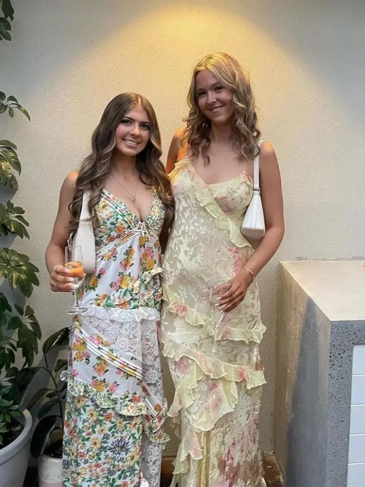 Mesh Spaghetti Strap V-Neck Tiered Ruffle Maxi Summer Dress