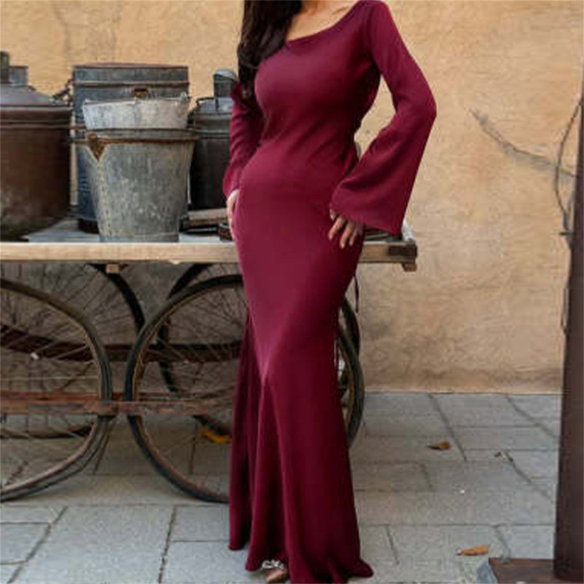 Satin Scoop Neck Bell Sleeve Ruched Waist Mermaid Maxi Dress