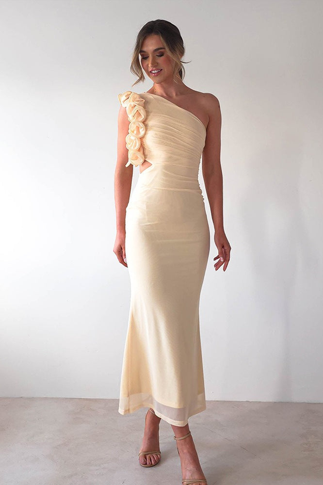 One Shoulder 3D Floral Cut Out Ruched Bodycon Maxi Dress