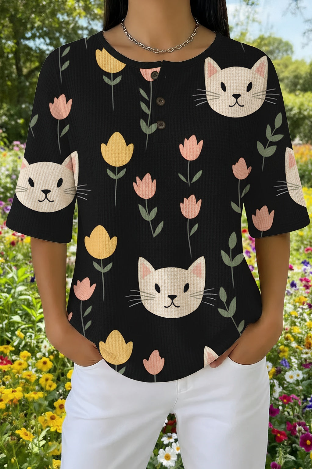 Womens Black Floral Cat Face Print Casual Shirt