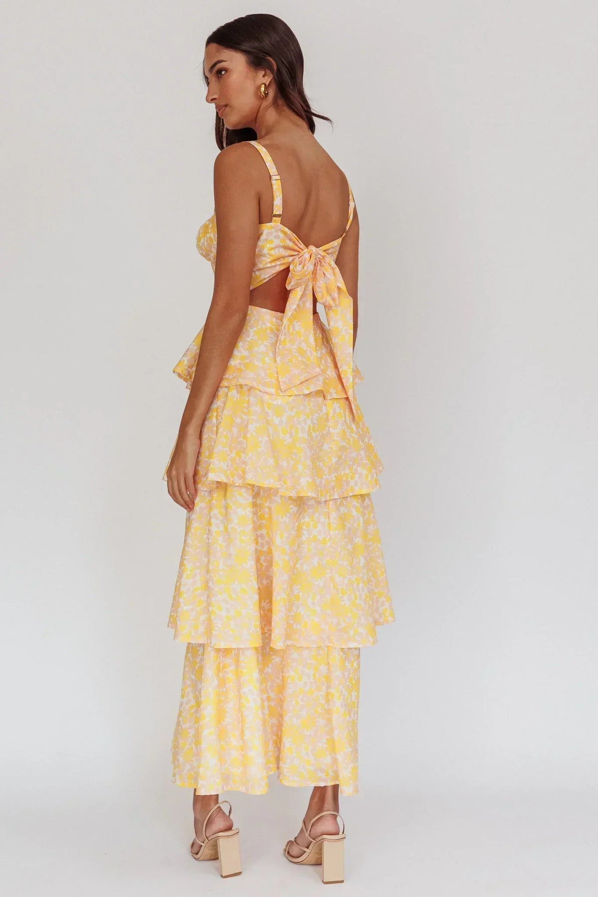 Floral Print Square Neck Ruched Bust Tiered Ruffle Maxi Dress 2